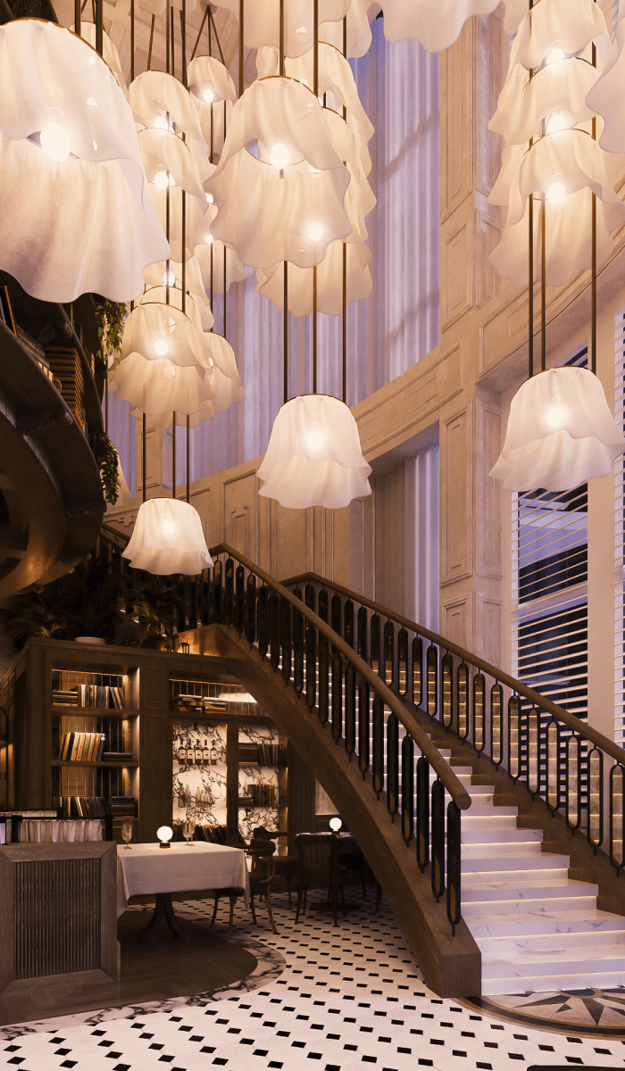 Image may contain Architecture Building House Housing Staircase Handrail Indoors Interior Design and Chandelier
